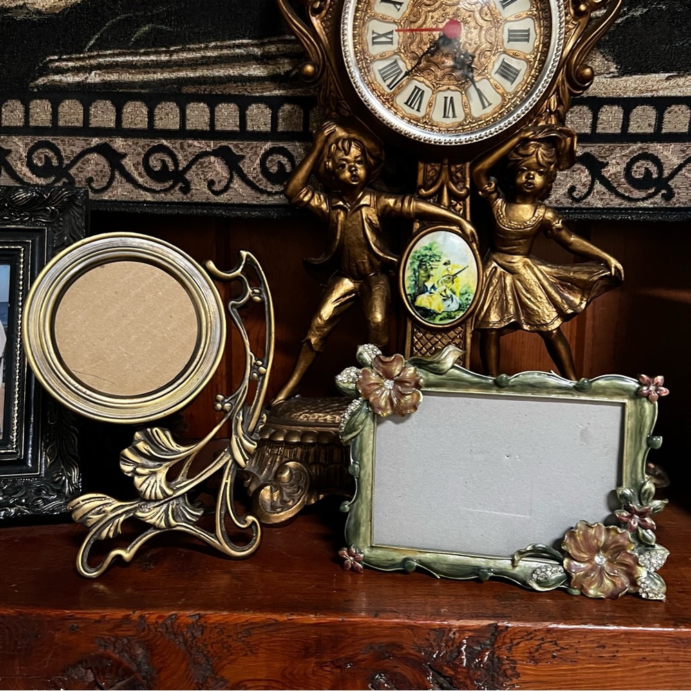 2 Art Nouveau frames Ceramic heavy floral frame & unique brass color adjustable